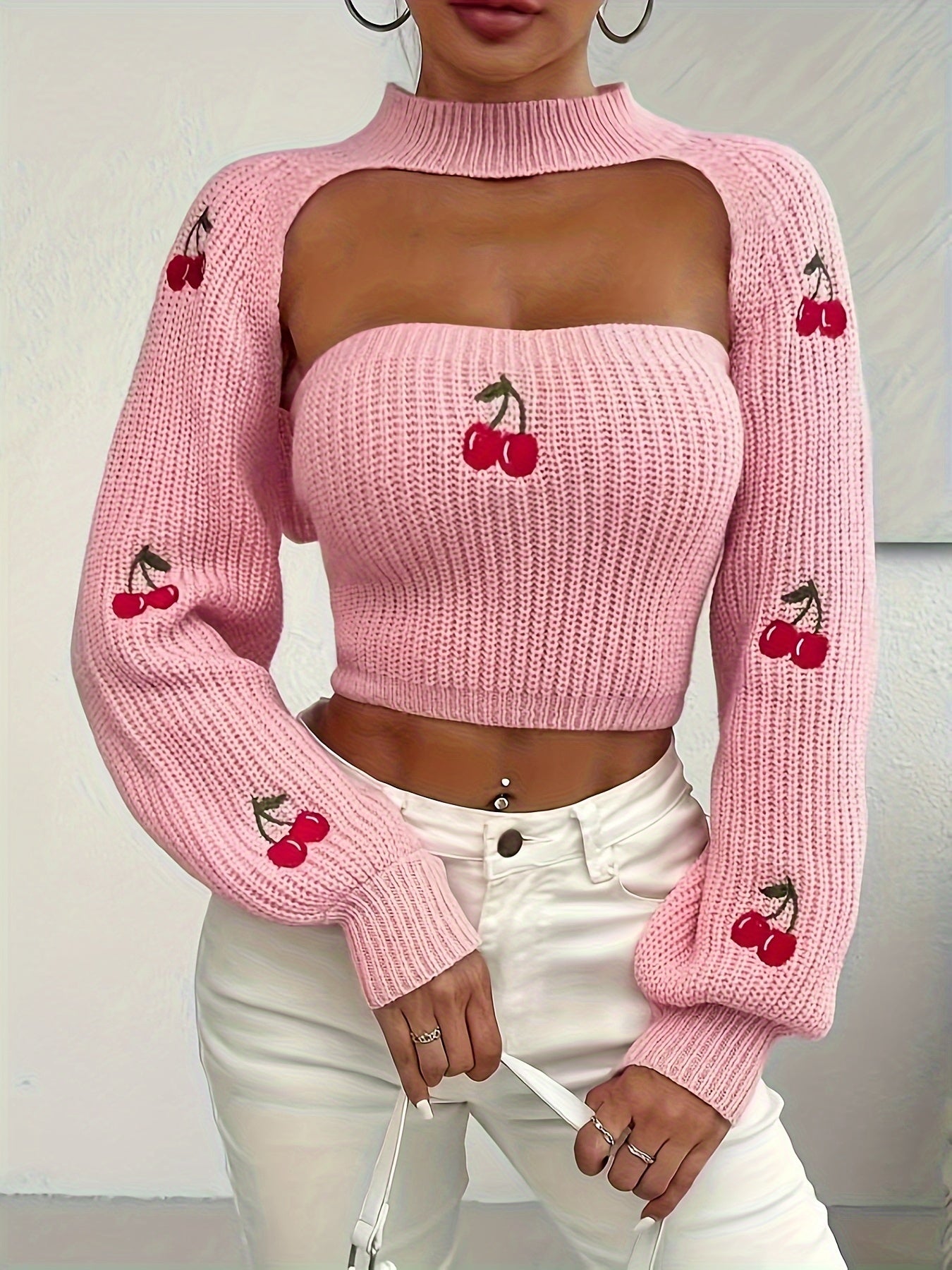 Cherry Embroidered Tube Knit Top & Super Crop Shrug Sweater Set – 2PC Casual Outfit with Lantern Sleeves, Crew Neck, Soft Acrylic Blend